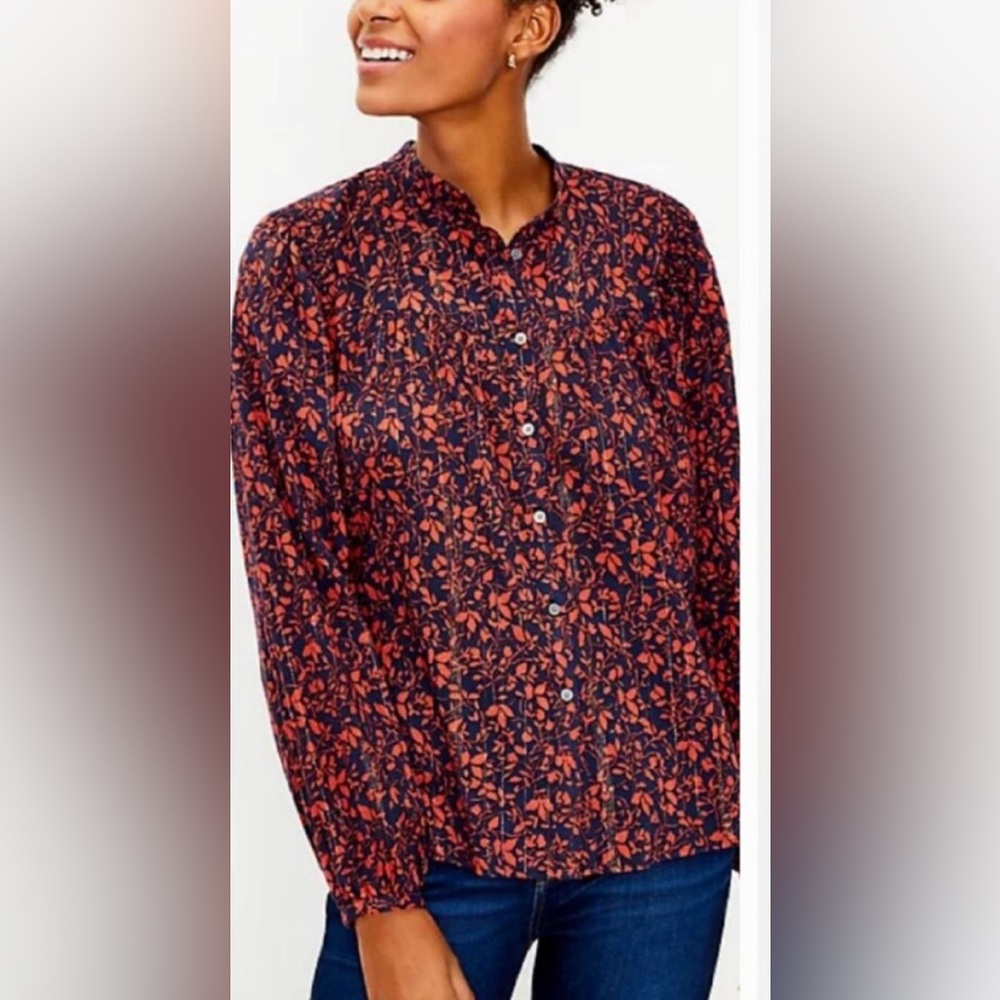 LOFT Navy with Orange Floral Button-Up Top